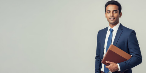 Portrait young adult male model with cheerful joyful laughing man hand arm with folder against plain background in studio