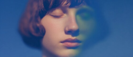 Young businesswoman using facial recognition for data protection and corporate security with a digital scanning overlay in a modern office tech setting with copy space