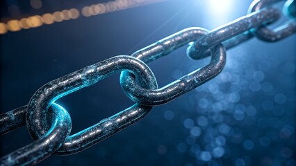 Closeup of metal chain links on dark blue background with bokeh effect