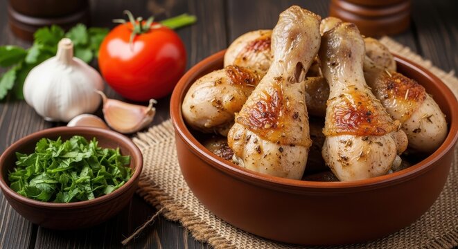 Tempting Roasted Chicken Drumsticks Served in a Rustic Bowl with Fresh Tomato and Herbs