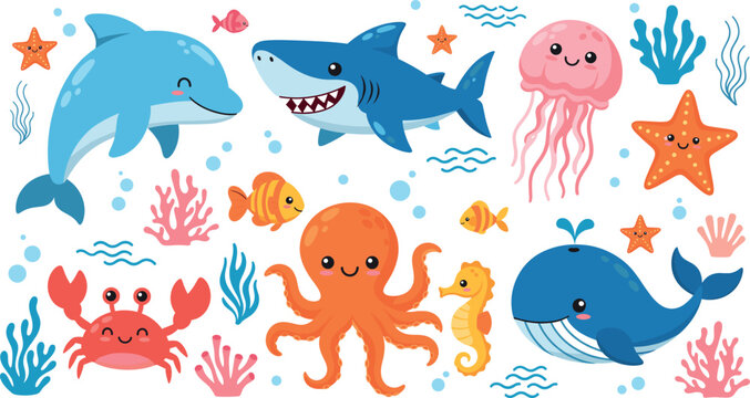 Cute sea animals vector collection with happy shark, whale, dolphin, octopus, crab, seahorse, and jellyfish for kids nursery decor and ocean themed birthday party invitations.