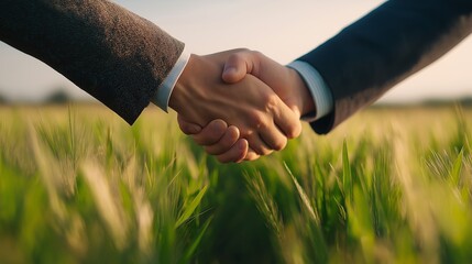 Business handshake in green field. Partnership for agriculture, growth, and sustainability. Corporate deal in nature