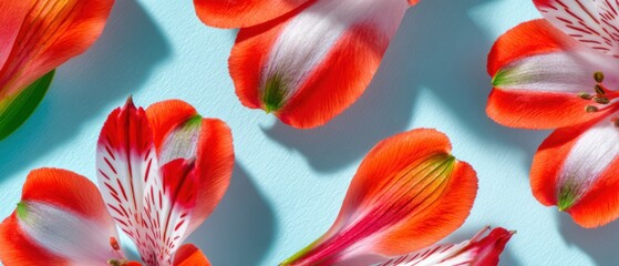 Alstroemeria botanical elements and flower petals lying on light blue background as floral graphics for ecommerce banners and minimalist website design with copy space