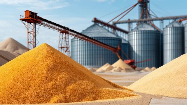 Grain piles await processing, while conveyors transport golden harvests to silos. This plant hums with activity under a bright blue sky, showcasing modern agricultural logistics
