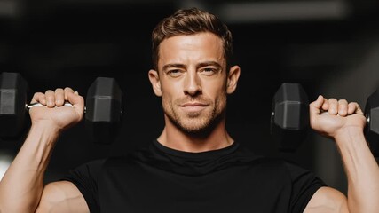 Strong young man stands confidently in a modern gym, lifting dumbbells with focus and intensity. His fit physique reflects dedication to fitness and power training
