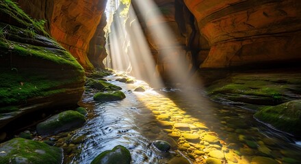 Sunlight streams down into a narrow, moss-covered gorge with a flowing stream over rocks