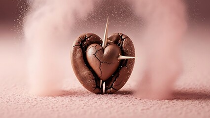 Cracked chocolate heart with sharp arrow on pink background