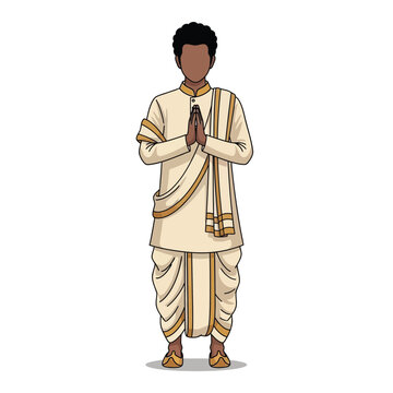 Illustration of a South Asian man in traditional Indian attire performing Namaste gesture.