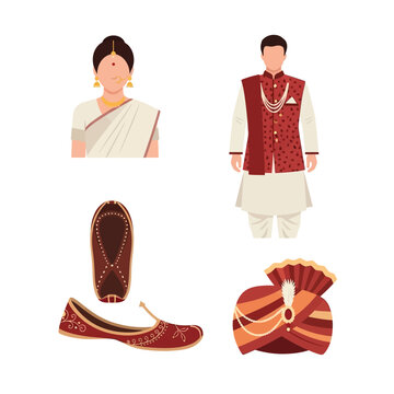 Traditional Indian attire and accessories for men and women, including clothing, footwear, and headwear, representing cultural heritage.