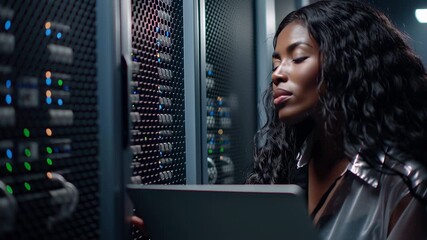 A knowledgeable black woman interacts with advanced laptop technology while engaging in network management inside a state-of-the-art data center. Her focused demeanor reflects her expertise