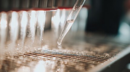 Agarose gel electrophoresis setup in a laboratory for molecular biology research showing a pipette dropper adding samples into wells during a scientific experiment