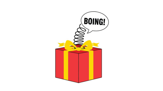 Surprise gift box with yellow ribbon and boing speech bubble popping up