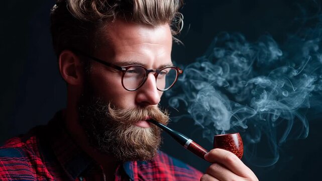A hipster with a stylish beard and round glasses holds a beautifully crafted pipe, letting out wisps of smoke in a softly lit environment, creating an atmosphere of calm and thought