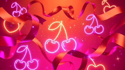 Vibrant neon cherry illustration with colorful ribbons and sparkles