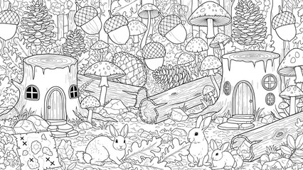 Naklejka premium Whimsical forest coloring page illustration, cute woodland animals, rabbits mushrooms acorns, fairy tale stump houses, detailed black and white line art