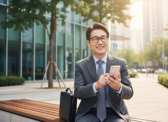 Business professional using smartphone outdoors in modern city environment, mobile work and communication concept