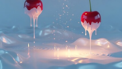 Cherry and milk splash with glossy red cherries and white liquid