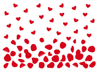 hearts and red rose petals and pattern on white background vector illustration