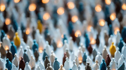 Origami paper people figures forming a diverse crowd representing a community for conceptual advertising and social connection in a modern urban environment with bokeh city lights