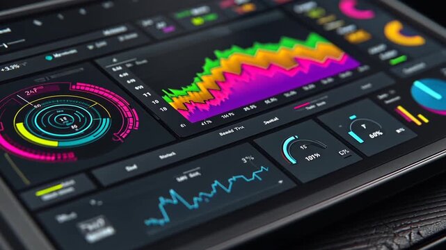 Close-up of a digital audio workstation interface on a tablet screen displaying colorful graphs and controls.