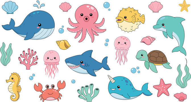 Cute kawaii sea life vector set with whale octopus shark dolphin sea turtle narwhal and colorful ocean reef elements