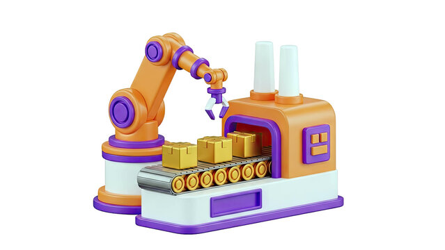 3D cartoon factory automation with robotic arm and conveyor belt