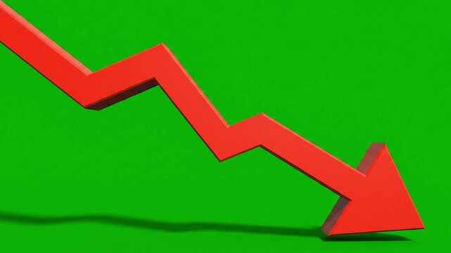 Red downward arrow on green background symbolizing financial decline economic loss negative market trend and business risk analysis concept for global economy