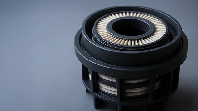 Next gen industrial engineering solution for urban infrastructure technology with air filter cartridge design precision detail on gray background