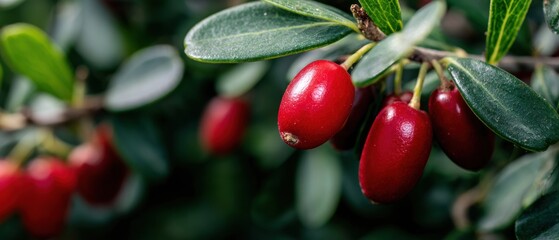 Obraz premium Ripe red barberries hanging on a branch with green leaves in a farm orchard setting, perfect for agricultural magazines, organic food marketing, and nature backgrounds