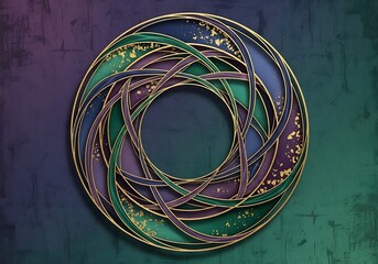 Intricate circular abstract design features overlapping curves with gold accents against a textured gradient background