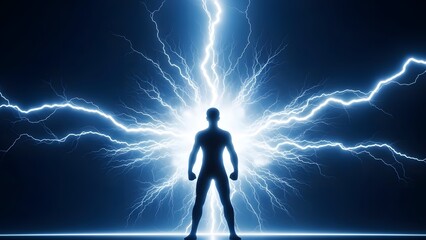 A person standing in front of a bright lightning bolt