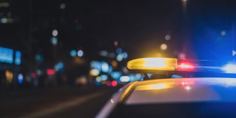 Fototapeta premium Security Emergency Flasher Bar on Police Car Roof Patrolling City Streets at Night with Blurred Urban Lights Background for Law Enforcement and Safety Concepts