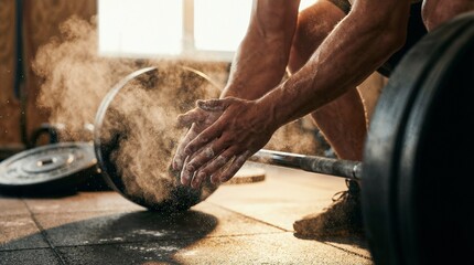 Close up of weightlifter hands clapping with white chalk powder explosion before lifting barbell in gym.
