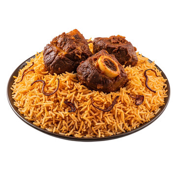 Delicious lamb mandi dish with rice and garnish on transparent background