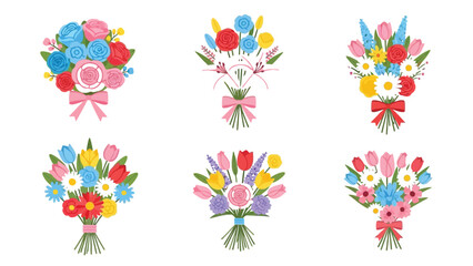 Collection of six brightly colored assorted floral bouquets featuring roses lilies daisies tulips and wrapped with decorative ribbons for celebrations or gifts