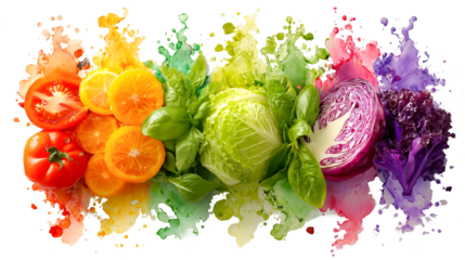 Colorful salad fresh vegetable citrus slice tomato cabbage basil lettuce herb splash abstract art with vibrant splash surrounding tomato orange lemon basil lettuce cabbage joyful energy, isolated