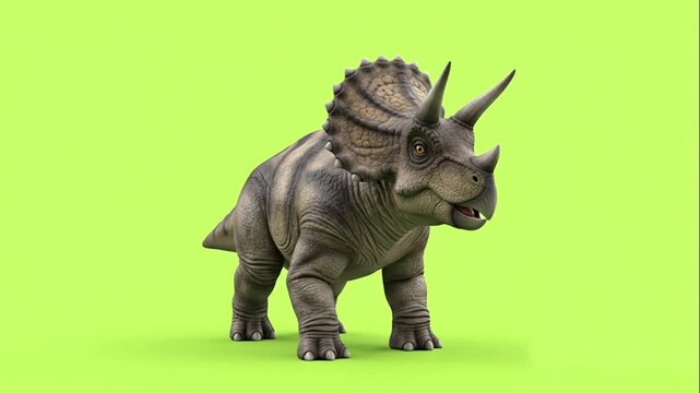 A gray triceratops dinosaur standing on a greenscreen background, facing right.