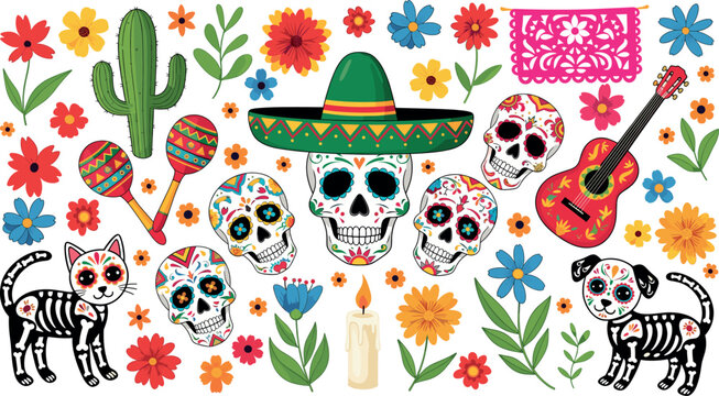 Mexican day of the dead vector set with sugar skulls skeletal cat dog guitar maracas sombrero and colorful flowers