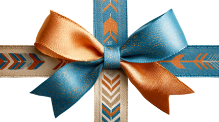 Satin ribbon bow gift wrap blue ribbon orange ribbon decorative bow cross ribbon patterned ribbon festive detail celebration theme closeup macro Elegant satin ribbon bow cross gift wrap, isolated