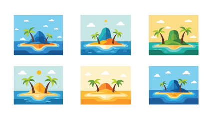 Collection of six vibrant tropical desert island vector icons featuring palm trees and varying colored backgrounds perfect for travel or vacation design elements
