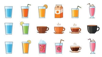 Collection of various beverage icons including water juice coffee milkshakes and hot drinks presented in simple flat vector illustration style