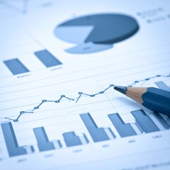 A close-up of a pencil on a financial graph with various charts and bars