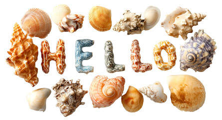 Hello summer beach seashell letter arrangement coastal typography playful greeting cheerful vibe, isolated