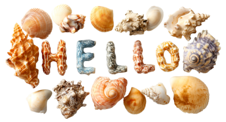 Hello summer beach seashell letter arrangement coastal typography playful greeting cheerful vibe, isolated