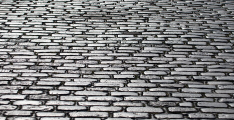 Cobblestone street texture. Historic pavement in old town. Stone pattern background. Vintage cobblestone surface. Shiny cobblestone surface pattern. Historic stone cobblestone texture. Urban detail.