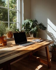A person works on a laptop at a rustic wooden desk bathed in warm sunlight streaming through a window, surrounded by lush plants.