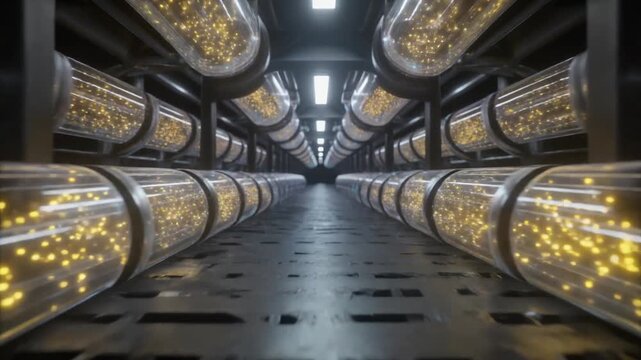 Futuristic laboratory with rows of glowing cryogenic storage tubes.