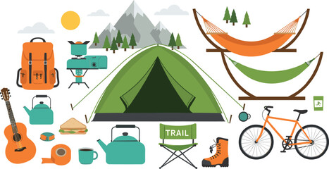 Outdoor camping equipment vector set with tent backpack bicycle hammock and mountain landscape for summer hiking and adventure travel © Minara