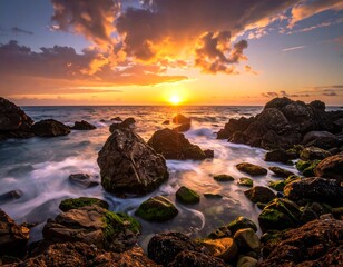Beach sunset over rocky shoreline with golden sunlight and flowing water