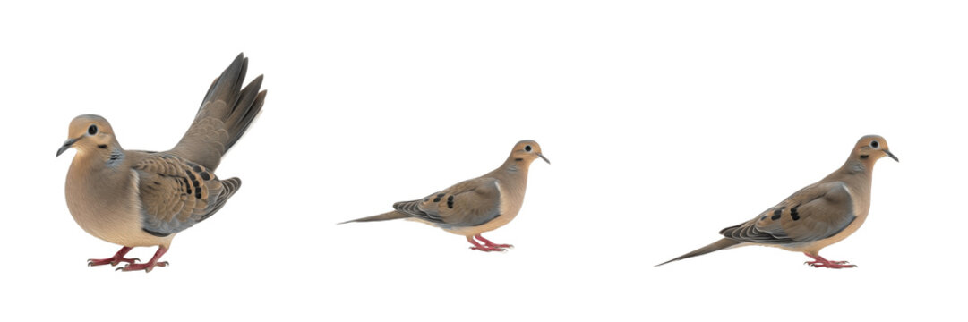 Set of mourning doves (Zenaida macroura) in various standing and walking poses, isolated on white background